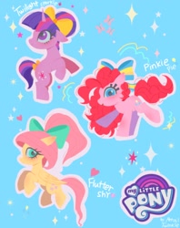 Size: 810x1024 | Tagged: safe, artist:petaltwinkle, fluttershy, pinkie pie, twilight sparkle, earth pony, pegasus, pony, unicorn, g4, alternate hairstyle, bow, cute, diapinkes, female, filly, filly fluttershy, filly pinkie pie, filly twilight sparkle, floppy ears, hair bow, hair bun, looking at you, my little pony logo, outline, ponytail, shyabetes, smiling, smiling at you, sparkles, starry eyes, tail, tail bow, trio, twiabetes, unicorn twilight, white outline, wingding eyes, younger