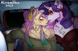 Size: 1610x1063 | Tagged: safe, artist:tondrawfreeze, fluttershy, rarity, pegasus, unicorn, anthro, g4, breasts, chest fluff, cleavage, clothes, dress, ear piercing, earring, female, jewelry, lesbian, looking at each other, looking at someone, mare, off shoulder, off shoulder sweater, piercing, ship:flarity, shipping, sweater, sweatershy