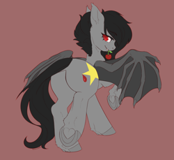 Size: 3565x3272 | Tagged: source needed, safe, artist:helemaranth, oc, oc only, oc:senka stargazer, bat pony, demon, pony, butt, cherry, female, food, high res, hooves, plot, presenting, presenting butt, red eyes, solo, spread wings, wings