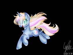 Size: 2732x2049 | Tagged: safe, artist:lydia, derpibooru exclusive, oc, oc only, oc:windy／painting heart, pony, unicorn, black background, cute, happy, heart, laughing, looking at you, open mouth, pencil, running, simple background, smiling, solo
