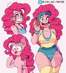 Size: 819x900 | Tagged: safe, artist:l4zy_4le, pinkie pie, earth pony, human, pony, baby cakes, equestria girls, g4, breasts, busty pinkie pie, clothes, cute, diapinkes, dragon ball, female, happy, headband, humanized, open mouth, open smile, plump, self paradox, self ponidox, smiling, solo, style emulation, tank top, waving, wide hips, workout outfit