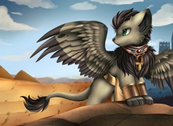 Size: 3509x2550 | Tagged: source needed, safe, artist:pridark, oc, oc:sandwing, sphinx, bracelet, bracer, egyptian, high res, jewelry, loincloth, male, paws, wings