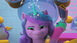 Size: 1920x1080 | Tagged: safe, screencap, izzy moonbow, pony, unicorn, g5, my little pony: make your mark, my little pony: make your mark chapter 4, the manesquerade ball, spoiler:g5, bracelet, eyebrows, eyeshadow, female, friendship bracelet, glowing, glowing horn, grin, horn, jewelry, magic, magic aura, makeup, mane melody (location), mare, mirror, smiling, solo