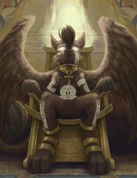 Size: 5100x6600 | Tagged: source needed, safe, alternate version, artist:blvckmagic, oc, oc only, oc:sandwing, sphinx, egyptian, male, paws, sfw edit, sitting, tattoo, throne