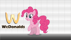 Size: 1920x1080 | Tagged: safe, artist:awesomebrony, pinkie pie, earth pony, pony, g4, animated, animator:awesomebrony, big smoke, derp, fast food, female, food, gradient background, grand theft auto, gta san andreas, hooves, insanity, logo, logo parody, mare, mcdonald's, meme, order, parody, smiling, solo, standing, talking, text, video, webm, zoom, zoomed in