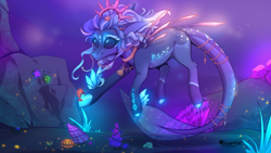 Size: 3264x1836 | Tagged: safe, artist:luzreal, oc, oc only, fish, hybrid, merpony, pony, bubble, colored pupils, coral, digital art, dorsal fin, female, fin, fins, fish tail, flowing mane, flowing tail, glowing, high res, jewelry, mare, necklace, ocean, pearl necklace, purple mane, rock, seashell, seaweed, smiling, solo, swimming, tail, underwater, water