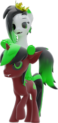 Size: 1209x2558 | Tagged: safe, artist:lithus, oc, oc only, oc:lithus, oc:pynoka, pony, undead, unicorn, vampire, vampony, wolf, wolf pony, 3d, blender, blender cycles, crown, duo, fangs, gradient hooves, gradient mane, gradient tail, green eyes, green mane, green tail, jewelry, on top, red coat, regalia, render, simple background, tail, transparent background, white coat