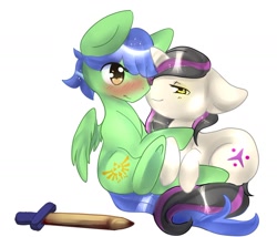 Size: 1324x1131 | Tagged: safe, artist:fluffire, oc, oc only, oc:amber hex, oc:south lights, pegasus, pony, unicorn, blushing, cuddling, duo, female, hug, male, simple background, sword, weapon, white background