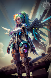 Size: 2048x3132 | Tagged: safe, ai assisted, ai content, generator:seaart.ai, generator:stable diffusion, prompter:neondash, rainbow dash, angel, human, g4, female, high res, humanized, mechanic, metal, sky, solo