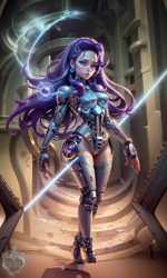 Size: 2048x3420 | Tagged: safe, ai assisted, ai content, generator:seaart.ai, generator:stable diffusion, prompter:neondash, starlight glimmer, human, g4, cyberpunk, female, high res, humanized, magic, mechanic, metal, solo