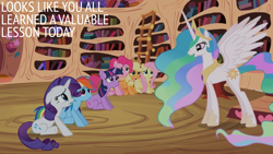 Size: 1920x1080 | Tagged: safe, edit, edited screencap, editor:quoterific, screencap, applejack, fluttershy, pinkie pie, princess celestia, rainbow dash, rarity, twilight sparkle, pony, unicorn, g4, lesson zero, golden oaks library, mane six, unicorn twilight