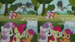 Size: 4400x2475 | Tagged: safe, edit, edited screencap, editor:quoterific, screencap, apple bloom, gabby, scootaloo, sweetie belle, griffon, pony, g4, the fault in our cutie marks, apple, apple tree, cutie mark crusaders, tree