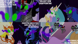 Size: 2000x1125 | Tagged: safe, edit, edited screencap, editor:quoterific, screencap, applejack, daybreaker, king sombra, nightmare moon, princess celestia, princess luna, twilight sparkle, alicorn, pony, g4, the beginning of the end, big crown thingy, element of magic, helmet, jewelry, mind control, regalia, sombra eyes, sombra soldier, twilight sparkle (alicorn)