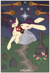 Size: 1300x1900 | Tagged: source needed, safe, artist:lebalisa, oc, oc only, oc:amber hex, pony, unicorn, gravestone, horn, moon, musical instrument, solo, stars, tarot card, trumpet