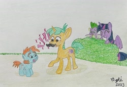 Size: 3197x2205 | Tagged: safe, artist:opti, snails, snips, spike, twilight sparkle, alicorn, dragon, pony, unicorn, g4, atg 2023, bush, facial hair, high res, moustache, newbie artist training grounds, prank, shocked, traditional art, twilight sparkle (alicorn), winged spike, wings