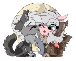 Size: 1891x1519 | Tagged: source needed, safe, artist:arctic-fox, oc, oc only, oc:lupa tori, oc:silver wing, wolf, barely pony related, blushing, brother and sister, clothes, costume, duo, female, halloween, holiday, licking, male, open mouth, siblings, simple background, tongue out, transparent background