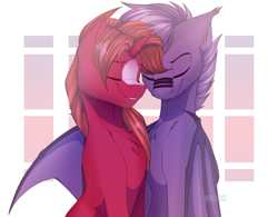 Size: 2500x1950 | Tagged: safe, artist:i'm_aleh, oc, oc only, oc:lupa tori, oc:sweet reverie, bat pony, pony, unicorn, couple, duo, duo male, gay, hug, male, winghug, wings