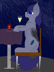 Size: 774x1032 | Tagged: source needed, safe, artist:slyfoxx, oc, oc only, oc:codex hearthfire, bat pony, pony, chair, drink, drinking, sitting, solo, stars, table