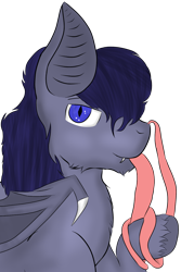 Size: 1000x1500 | Tagged: source needed, safe, artist:slyfoxx, oc, oc only, oc:codex hearthfire, bat pony, pony, long tongue, simple background, solo, tongue out, transparent background