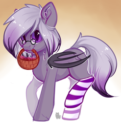 Size: 4074x4123 | Tagged: source needed, safe, artist:alphadesu, oc, oc only, oc:ravine enigma, bat pony, pony, basket, clothes, female, glasses, gradient background, socks, solo, striped socks