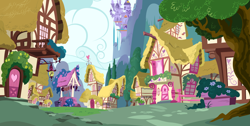 Size: 10671x5365 | Tagged: safe, g4, official, .svg available, absurd resolution, background, building, canterlot, canterlot castle, flower, flower pot, mountain, no pony, ponyville, scenery, sky, stock vector, svg, tree, vector, water, waterfall, well