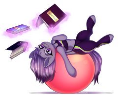 Size: 3776x2940 | Tagged: source needed, safe, artist:yuozka, oc, oc only, oc:ravine enigma, bat pony, pony, book, clothes, exercise ball, glasses, high res, magic, pants, simple background, solo, spandex, transparent background, yoga, yoga pants