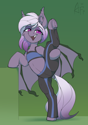 Size: 3080x4372 | Tagged: safe, artist:airfly-pony, oc, oc only, oc:ravine enigma, bat pony, pony, clothes, female, flexible, pants, solo, spandex, spread wings, stretching, vertical split, wings, yoga, yoga pants