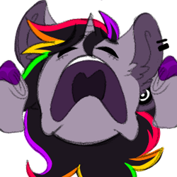 Size: 270x270 | Tagged: safe, artist:woofpoods, oc, oc only, oc:strobestress, pony, unicorn, anguish, bust, ear fluff, ear piercing, earring, emoji, emote, emotes, eyes closed, face, female, gauges, hooves, horn, horrified, jewelry, meme, messy hair, messy mane, multicolored hair, piercing, portrait, rainbow hair, scared, simple background, solo, teeth, throat, transparent background