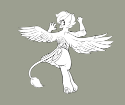 Size: 1256x1058 | Tagged: source needed, safe, artist:triplesevens, oc, oc only, oc:o'mae, griffon, butt, claws, female, gray background, large butt, monochrome, paw pads, paws, simple background, solo, spread wings, tattoo, wings