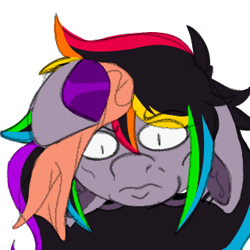 Size: 320x320 | Tagged: safe, artist:woofpoods, oc, oc:strobestress, pony, unicorn, cloth, ear fluff, ear piercing, earring, emoji, emote, female, furrowed brows, gauges, hooves, jewelry, meme, meme drawover, messy hair, messy mane, multicolored hair, piercing, rag, rainbow hair, scared, simple background, solo, sweat, towel, transparent background