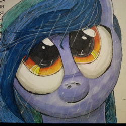 Size: 1920x1920 | Tagged: safe, artist:danatron1, oc, oc only, oc:spark bug, earth pony, pony, fanfic:spark bug goes out in the rain, bust, fanfic, fanfic art, fanfic cover, female, mare, portrait, rain, solo, traditional art