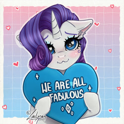 Size: 800x800 | Tagged: safe, artist:lailyren, part of a set, rarity, pony, unicorn, g4, :3, blushing, cute, ear fluff, gradient background, heart, heart eyes, heart pillow, looking at you, pillow, positive ponies, raribetes, solo, wingding eyes