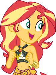 Size: 3000x4016 | Tagged: safe, artist:cloudy glow, sunset shimmer, human, equestria girls, g4, my little pony equestria girls: better together, unsolved selfie mysteries, .ai available, bare shoulders, belly button, bikini, bikini top, clothes, female, fist, geode of empathy, jewelry, looking over, magical geodes, midriff, necklace, open mouth, open smile, sarong, simple background, skirt, sleeveless, smiling, solo, sunset shimmer swimsuit, swimsuit, talking, transparent background, vector, wrist cuff