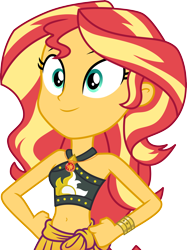 Size: 3000x4016 | Tagged: safe, artist:cloudy glow, sunset shimmer, human, equestria girls, equestria girls series, g4, unsolved selfie mysteries, .ai available, bare shoulders, bikini, bikini top, clothes, cute, female, geode of empathy, grin, hand on hip, jewelry, magical geodes, necklace, sarong, simple background, skirt, sleeveless, smiling, solo, sunset shimmer swimsuit, swimsuit, transparent background, vector, who's with me?, wrist cuff