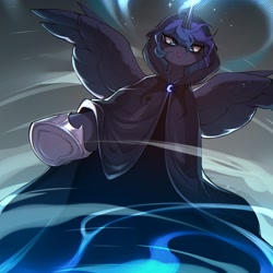 Size: 2048x2048 | Tagged: safe, artist:minekoo2, princess luna, spirit of hearth's warming yet to come, alicorn, pony, a hearth's warming tail, g4, :o, female, high res, hooded cape, hoof shoes, looking at you, looking down, looking down at you, mare, open mouth, scene interpretation, solo, spread wings, wings