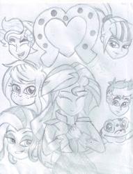 Size: 2540x3325 | Tagged: safe, artist:pokecure123, flash sentry, ray, sonata dusk, sunset shimmer, timber spruce, trixie, wallflower blush, human, equestria girls 10th anniversary, equestria girls, g4, high res, monochrome, traditional art