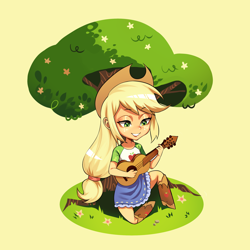 Size: 2480x2480 | Tagged: safe, artist:ikstina, applejack, human, equestria girls, g4, blonde, blonde hair, clothes, cute, flower, grass, green eyes, guitar, high res, humanized, jackabetes, musical instrument, playing instrument, ponytail, sitting, sitting on grass, skirt, smiling, tree, under the tree