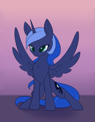 Size: 1620x2070 | Tagged: safe, artist:dusthiel, princess luna, pony, g4, atg 2023, chest fluff, female, gradient background, horn, mare, newbie artist training grounds, smiling, solo, spread wings, wings