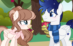 Size: 1696x1080 | Tagged: safe, artist:cstrawberrymilk, oc, oc only, oc:moonlight dust, oc:strawberry milk, pegasus, pony, g4, apple, apple tree, clothes, female, food, male, mare, scarf, stallion, striped scarf, tree