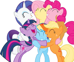 Size: 6287x5289 | Tagged: safe, applejack, fluttershy, pinkie pie, rainbow dash, rarity, twilight sparkle, alicorn, earth pony, pegasus, pony, unicorn, g4, official, the cutie mark chronicles, .svg available, ^^, eyes closed, female, hug, mane six, mare, simple background, stock vector, svg, transparent background, twilight sparkle (alicorn), vector