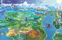 Size: 4661x3040 | Tagged: safe, edit, dragon, g4, official, arrow, badlands, boat, canterlot, canterlot castle, cloudsdale, compass, crystal empire, error, griffonstone, high res, manehattan, map of equestria, moon, mount everhoof, mountain, ocean, our town, ponyville, railroad, rainbow, river, sun, textless, textless version, twilight's castle, volcano, water, waterfall, yakyakistan