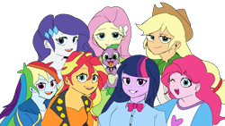 Size: 1920x1080 | Tagged: safe, artist:icicle-niceicle-1517, artist:metaruscarlet, applejack, fluttershy, pinkie pie, rainbow dash, rarity, spike, sunset shimmer, twilight sparkle, dog, human, equestria girls 10th anniversary, equestria girls, g4, applejack's hat, bowtie, clothes, collaboration, collar, colored, cowboy hat, dog collar, female, grin, hat, hoodie, humane five, humane seven, humane six, jacket, leather, leather jacket, one eye closed, open mouth, shirt, simple background, smiling, spike the dog, t-shirt, tank top, transparent background, wink