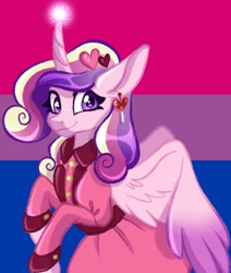 Size: 1305x1536 | Tagged: safe, artist:carouselunique, princess cadance, alicorn, pony, g4, alternate hairstyle, bipedal, bisexual pride flag, clothes, curved horn, cute, cutedance, dress, ear piercing, earring, female, glowing, glowing horn, horn, jewelry, mare, piercing, pride, pride flag, pride month, solo