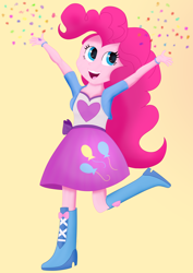 Size: 2480x3508 | Tagged: safe, artist:samenandsam, pinkie pie, human, equestria girls 10th anniversary, equestria girls, g4, boots, clothes, confetti, female, high res, open mouth, raised arms, shirt, shoes, simple background, skirt, smiling, solo, standing, standing on one leg, wristband