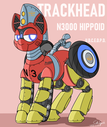 Size: 2700x3200 | Tagged: safe, artist:cdrspark, oc, oc only, oc:trackhead, pony, robot, robot pony, high res, male, male oc, solo, stallion, text, wrench