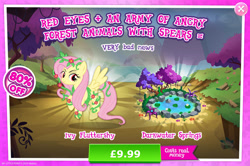 Size: 1960x1301 | Tagged: safe, gameloft, idw, fluttershy, pegasus, pony, g4, my little pony: magic princess, advertisement, costs real money, english, female, flower, idw showified, introduction card, lilypad, mare, mobile game, numbers, poison ivyshy, pond, sale, solo, spread wings, text, tree, vine, water, wings