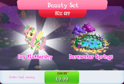 Size: 1271x860 | Tagged: safe, gameloft, idw, fluttershy, pegasus, pony, g4, my little pony: magic princess, bundle, costs real money, english, female, flower, idw showified, lilypad, mare, mobile game, numbers, poison ivyshy, pond, sale, solo, spread wings, text, tree, vine, water, wings
