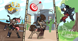 Size: 2940x1570 | Tagged: safe, artist:ccrystalonyxx, oc, earth pony, pegasus, pony, unicorn, bandana, beanie, blank flank, cowboy, cowboy hat, flying, grass, grass field, hat, lasso, ocean, pirate, pirate ship, rope, tree, water, western