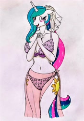 Size: 2448x3500 | Tagged: safe, artist:killerteddybear94, princess celestia, anthro, g4, adorasexy, beautiful, beautisexy, belly button, big breasts, bikini, blushing, breast squish, breasts, busty princess celestia, celestia day, clothes, crying, cute, cutelestia, female, floppy ears, hand on chest, high res, huge breasts, jewelry, legs together, looking at you, marriage, purple bikini, ring, sarong, sexy, smiling, solo, swimsuit, tears of joy, traditional art, wedding, wedding ring, wedding veil, wide hips