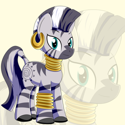 Size: 2000x2000 | Tagged: safe, artist:trackheadtherobopony, zecora, zebra, g4, ear piercing, earring, female, high res, jewelry, leg rings, looking at you, mare, neck rings, piercing, smiling, solo, zoom layer